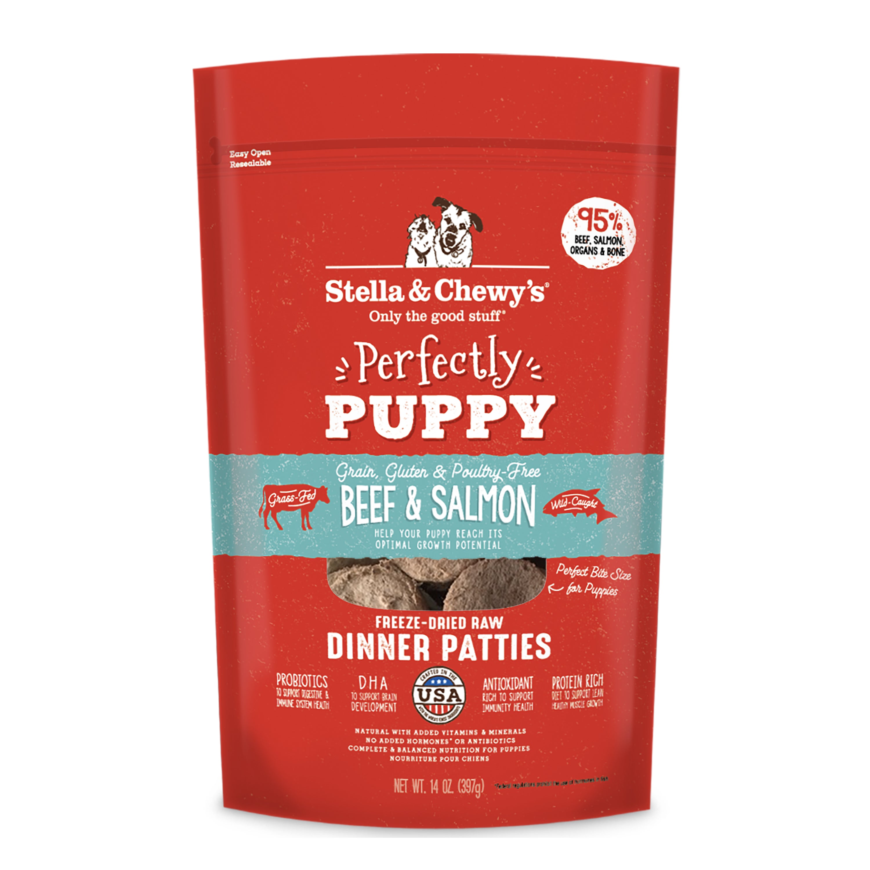 Stella & Chewy's Perfectly Puppy Beef & Salmon Freeze-Dried Raw Dinner Patties 14oz on a plain white background