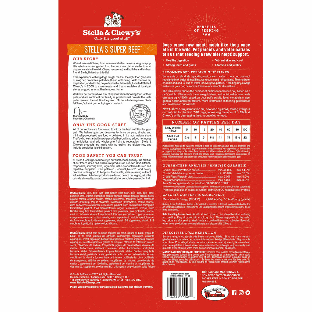 Back of a Stella & Chewy's super beef dinner patties freeze dried dog food package with red branding.