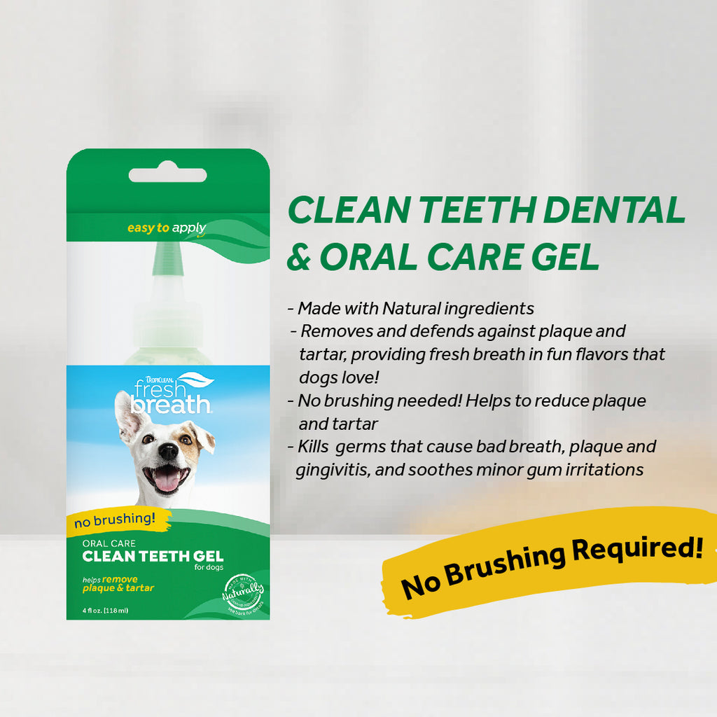 Fresh Breath Clean Teeth Gel oral care gel ifor dogs in a green and white applicator package, shown next to benefits like 'No brushing needed!' and a yellow banner that says 'No Brushing Required!'.