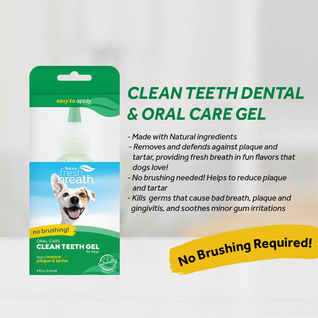 Fresh Breath Clean Teeth Gel oral care gel ifor dogs in a green and white applicator package, shown next to benefits like 'No brushing needed!' and a yellow banner that says 'No Brushing Required!'.