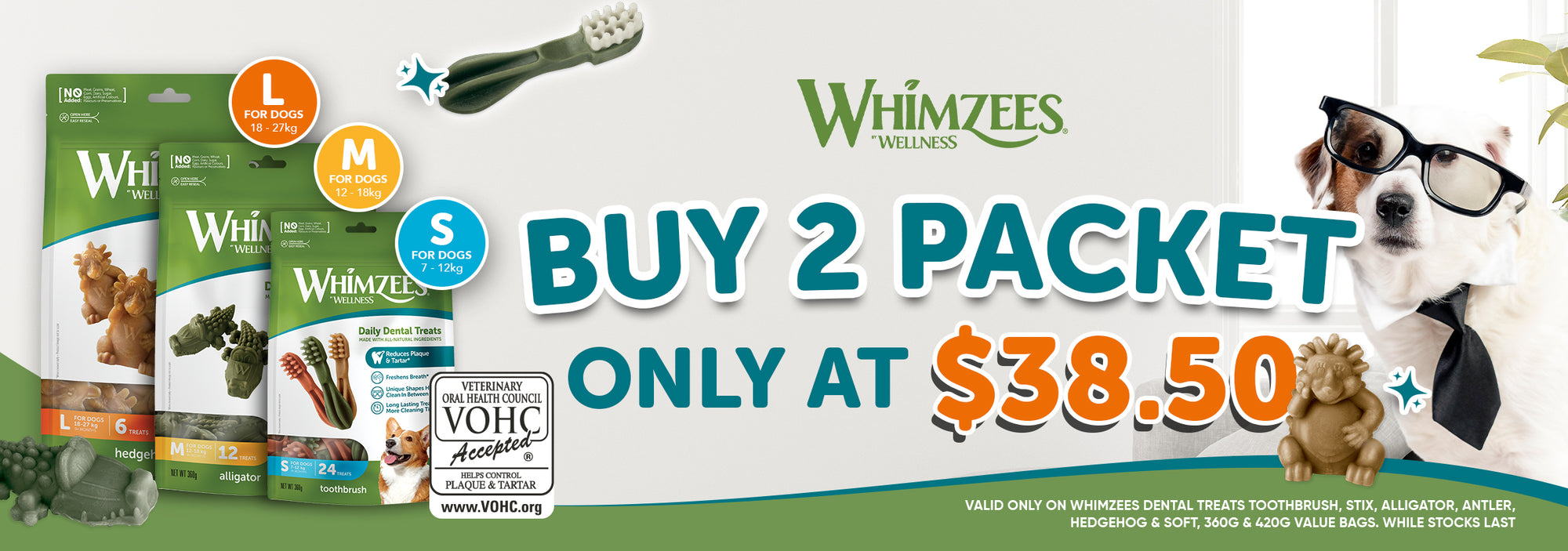 promotion of whimzees dental dog treat of buy 2 value bags at only $38.5 and save $6.50