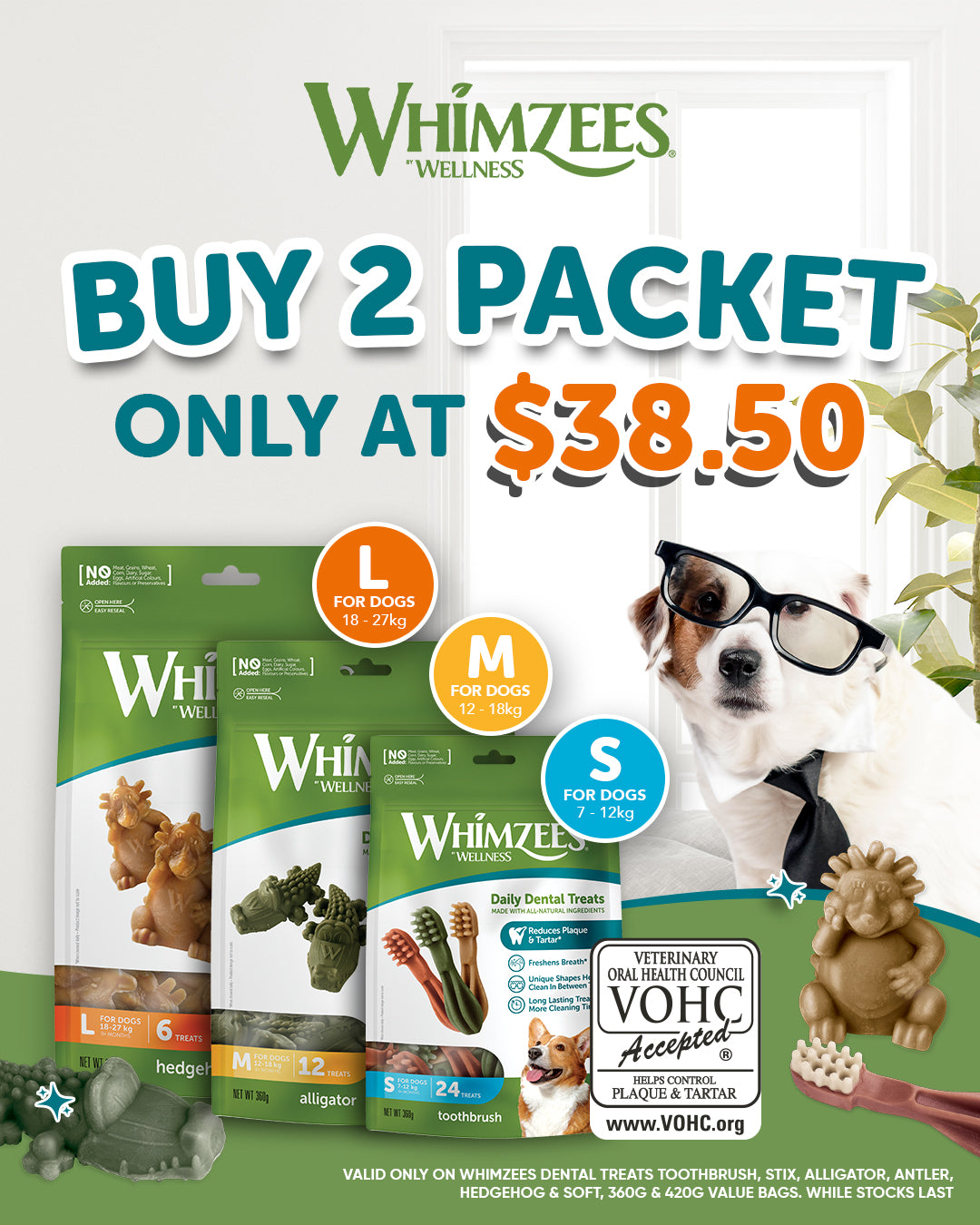 Whimzees Stix Extra Small Dog Dental Treat Value Bag 48+8 pcs
